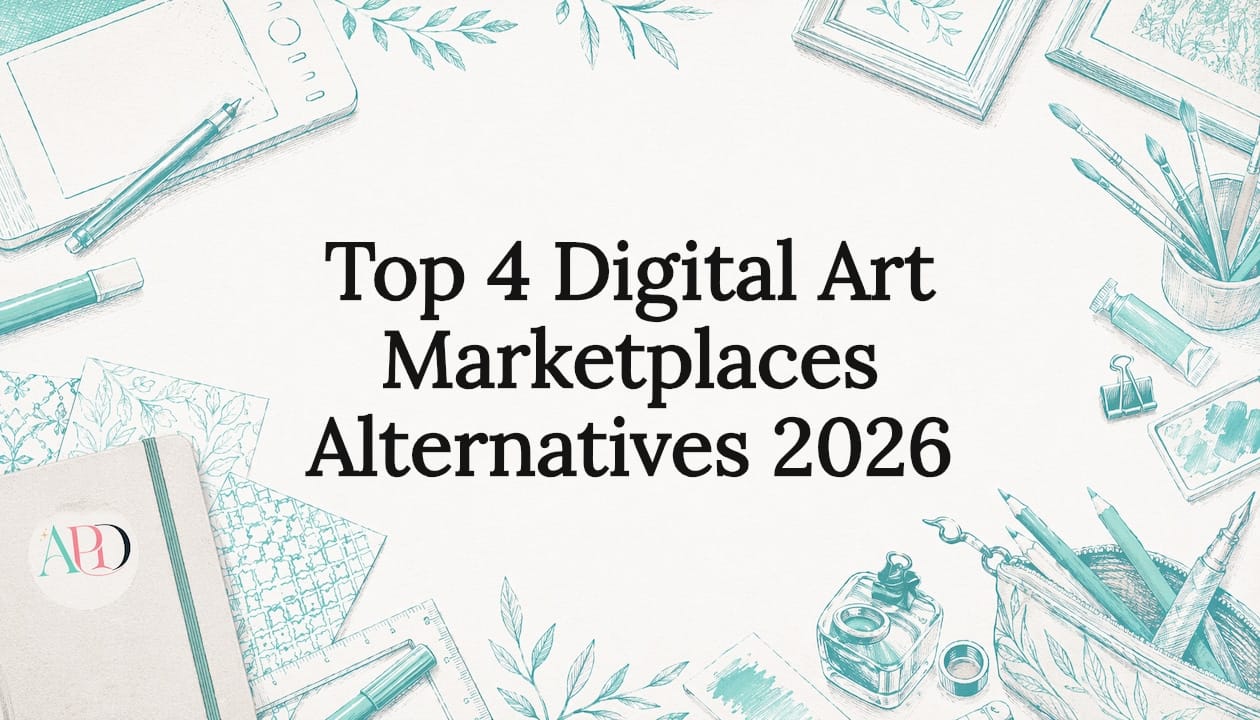 Decorative illustrated title card for digital art marketplaces article