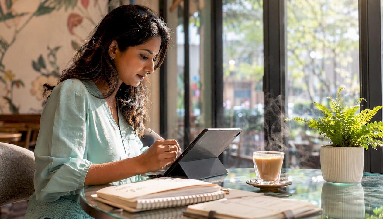 Woman at desk creating digital planner layouts