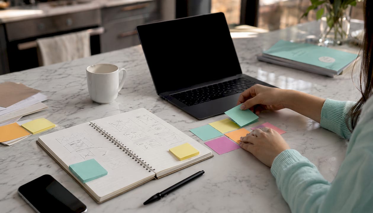 Home office workspace with laptop and design notes