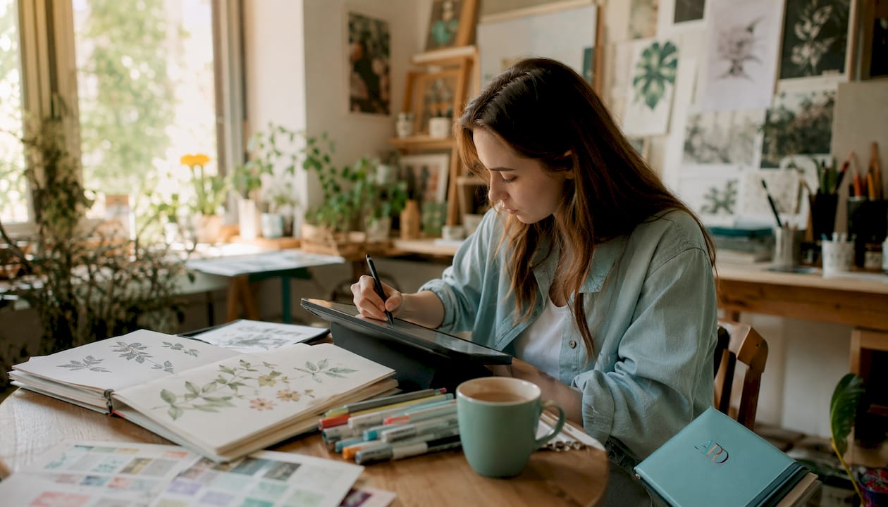 Artist sketching line art at home studio desk
