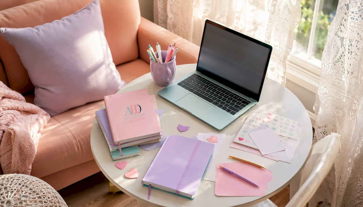 Home workspace with pastel planners and laptop
