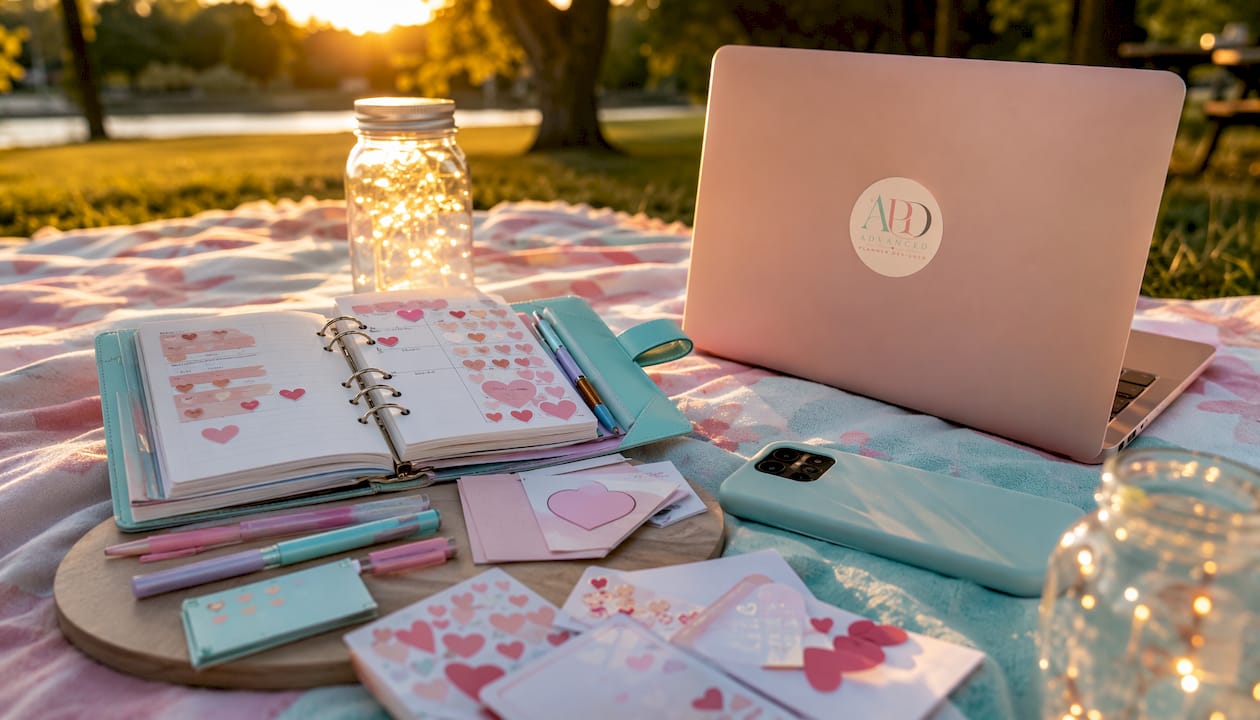 Overhead view of pastel planners and tech tools