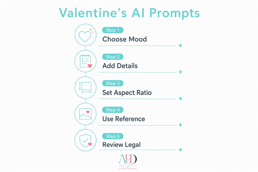 Infographic outlining steps to write Valentine’s Day AI image prompts