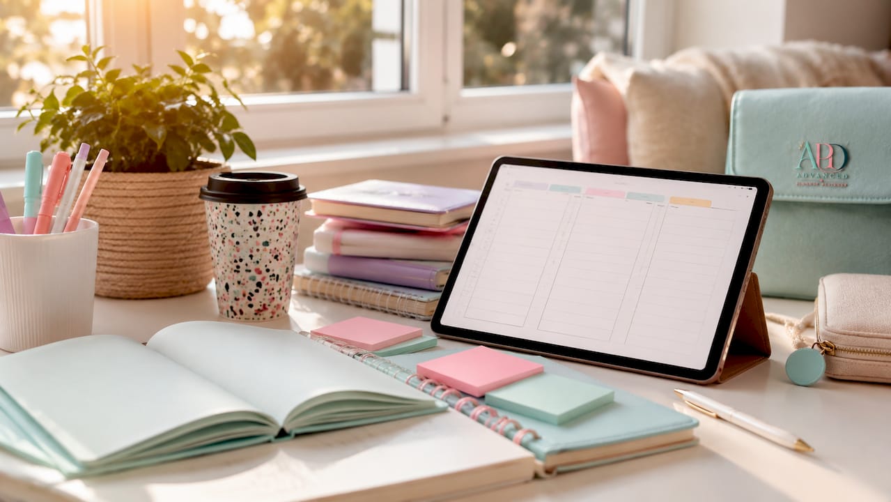 Digital planner and journal on cozy desk