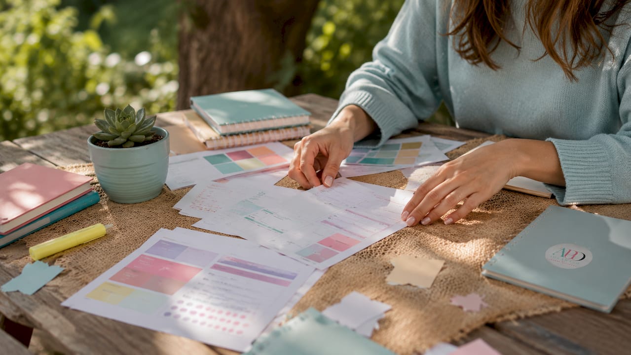Hands arranging planner mockup pages on desk
