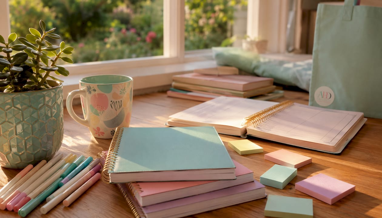 Stylized workspace with planners and design tools
