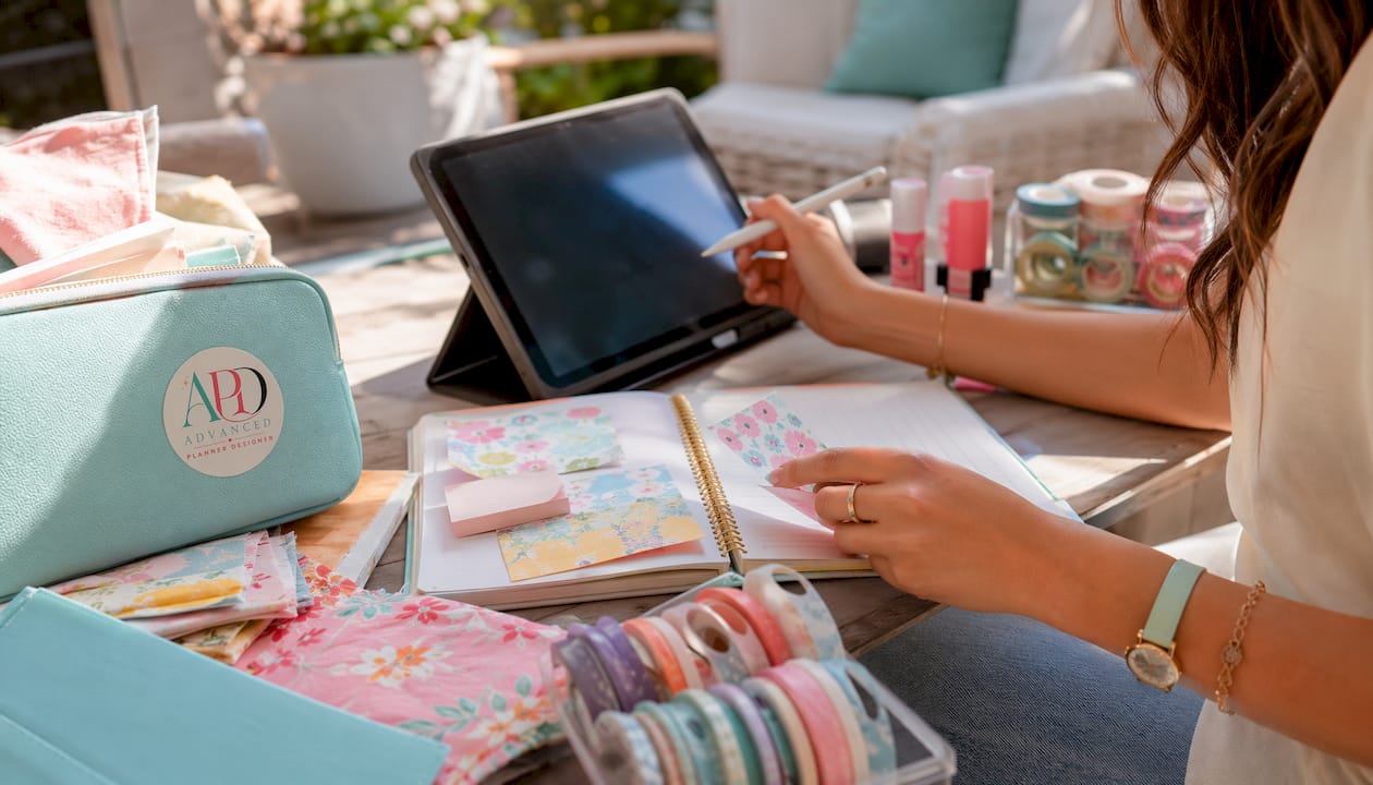 Crafting tools and digital planner flat illustration