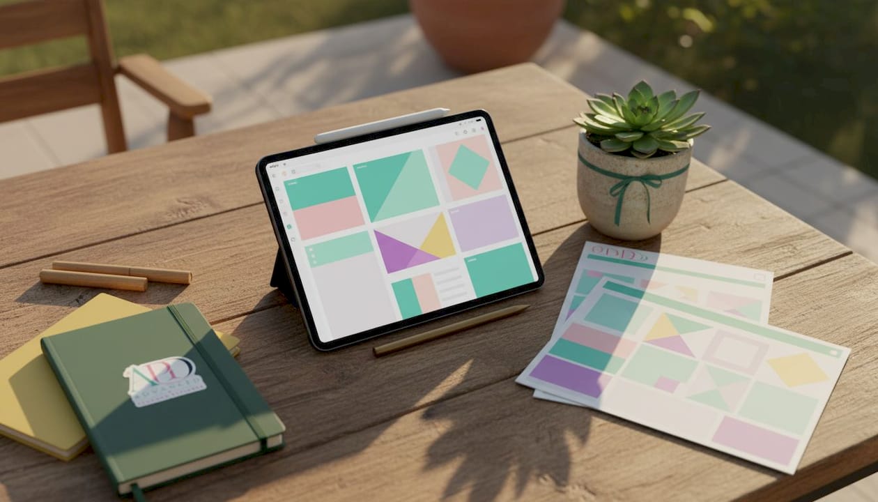 Digital planner workspace with tools and tablet