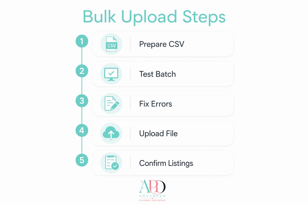 Infographic illustrating Etsy bulk upload process steps