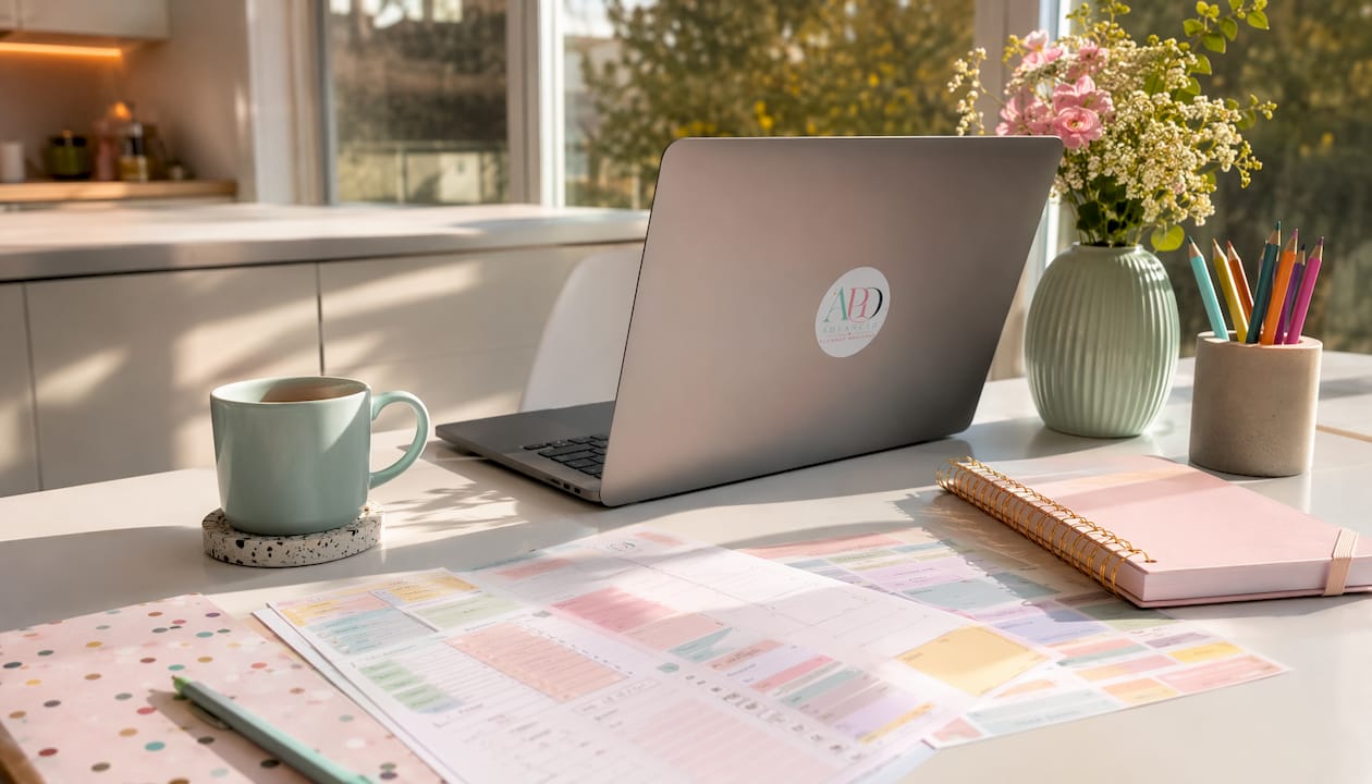 Pastel-themed digital planning workspace with tools