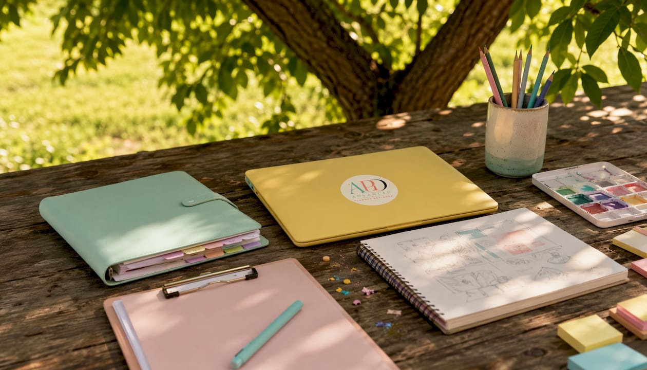 Creative workspace with pastel planning tools and sketchbook