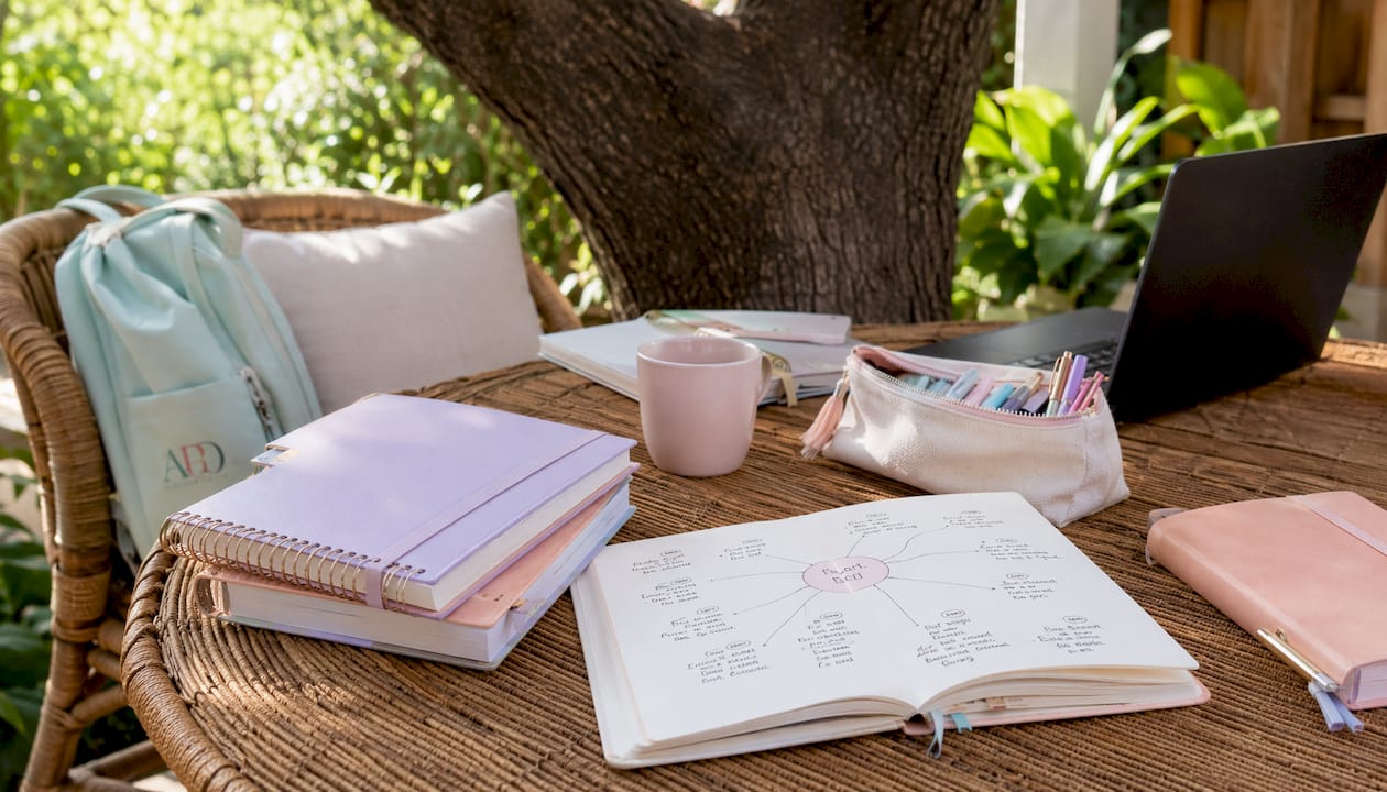 Pastel desktop with planners and research materials