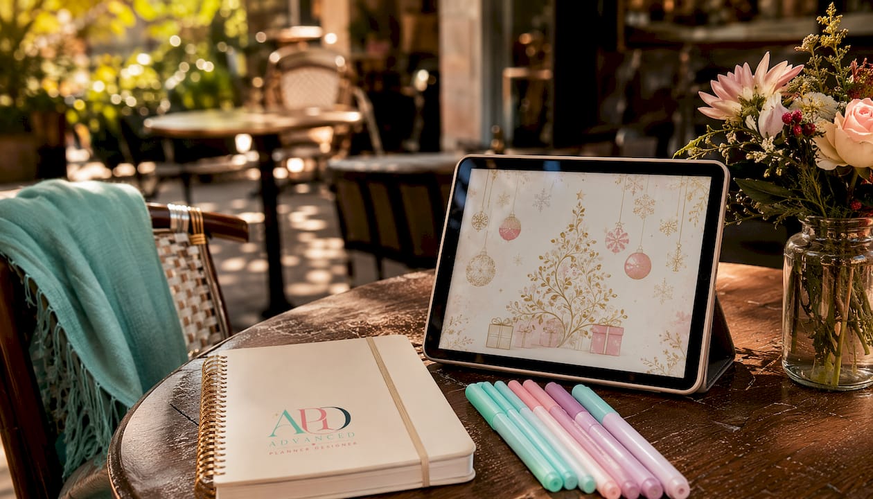Flat illustration of workspace for Christmas card creation