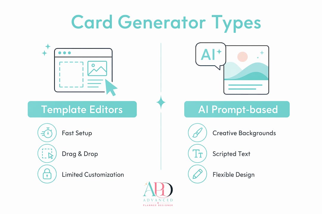 Infographic comparing template editors and AI prompt card generators