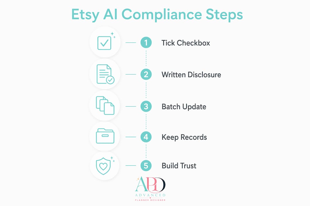 Infographic showing 5 steps for Etsy AI policy compliance