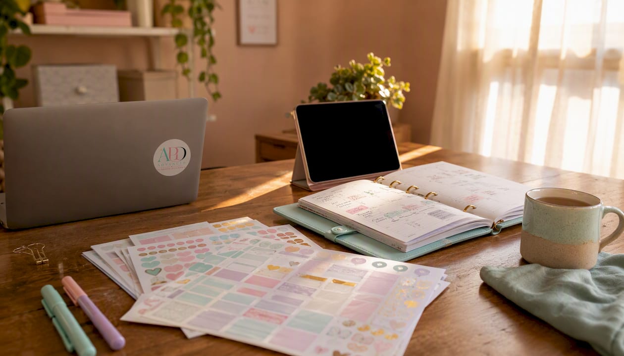 Home desk with printed sticker sheets and planner