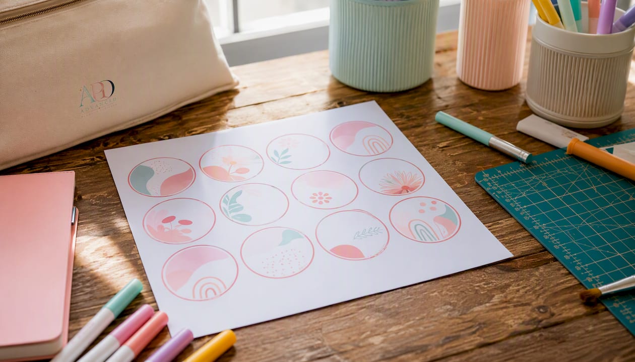 Top view of sticker sheet design grid on desk