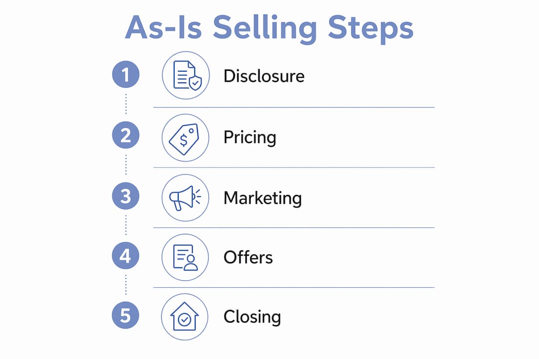 Infographic illustrating five steps to sell a house as is in Ohio