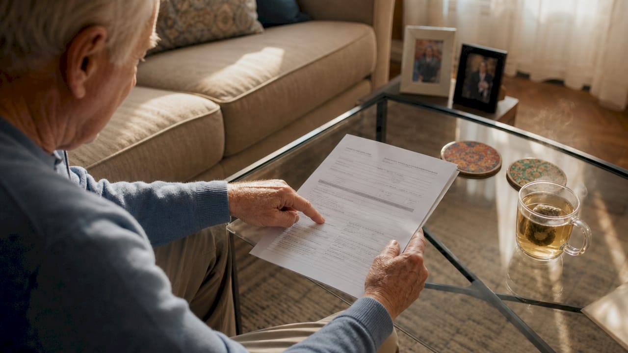 Hands pointing at disclosure forms on desk