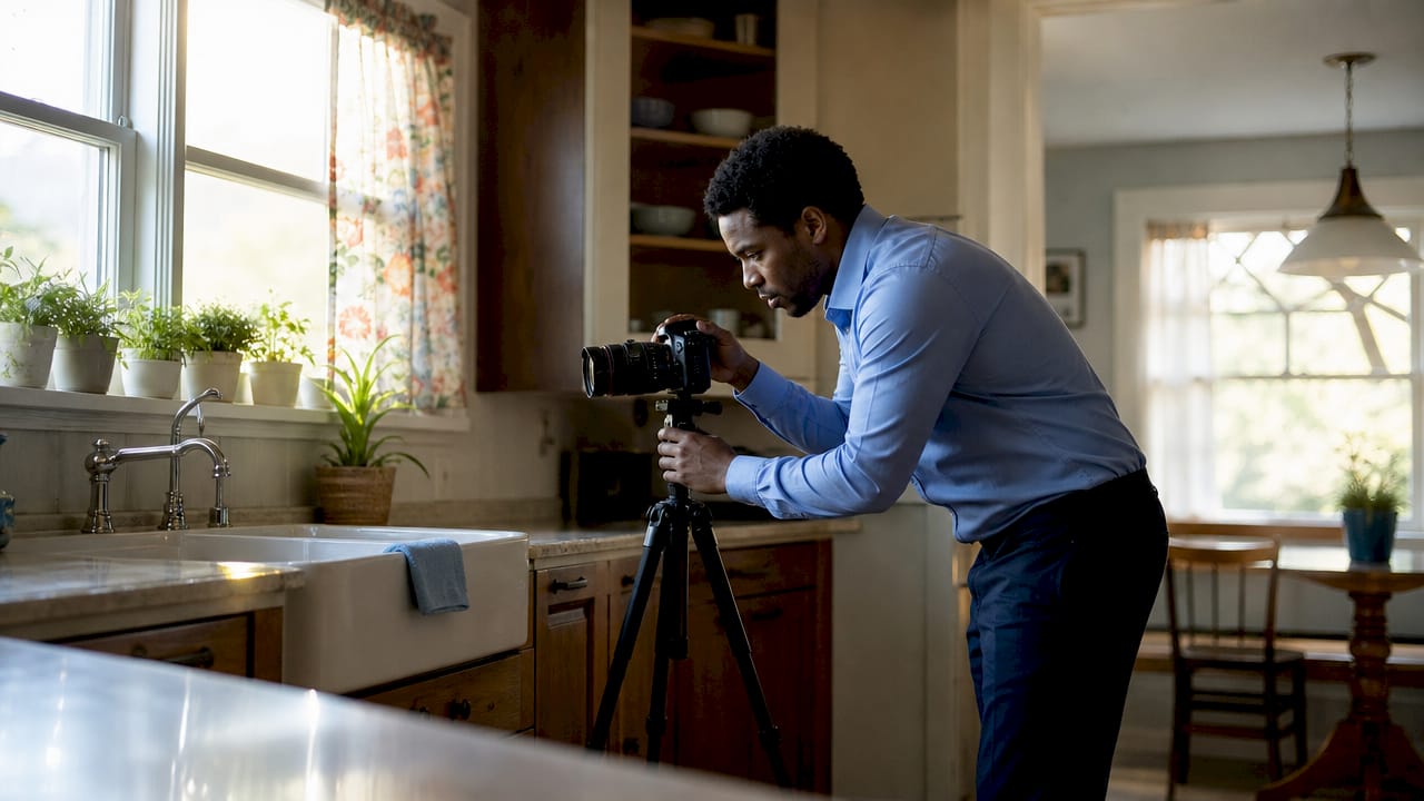 Photographer taking interior photos of older house living room