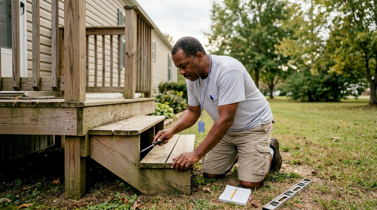 Inspector examining mobile home structural repairs outside