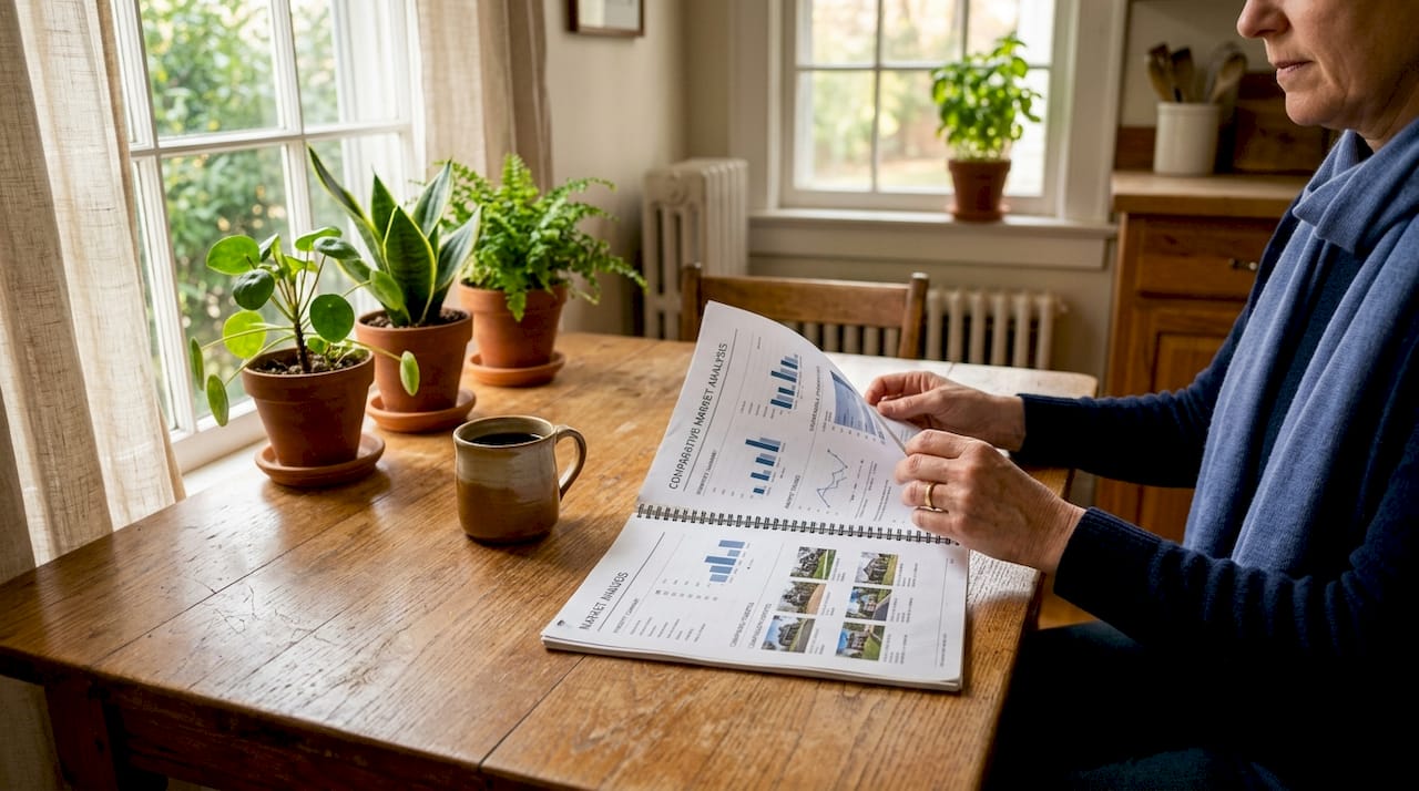 Hands holding market analysis report at home office desk
