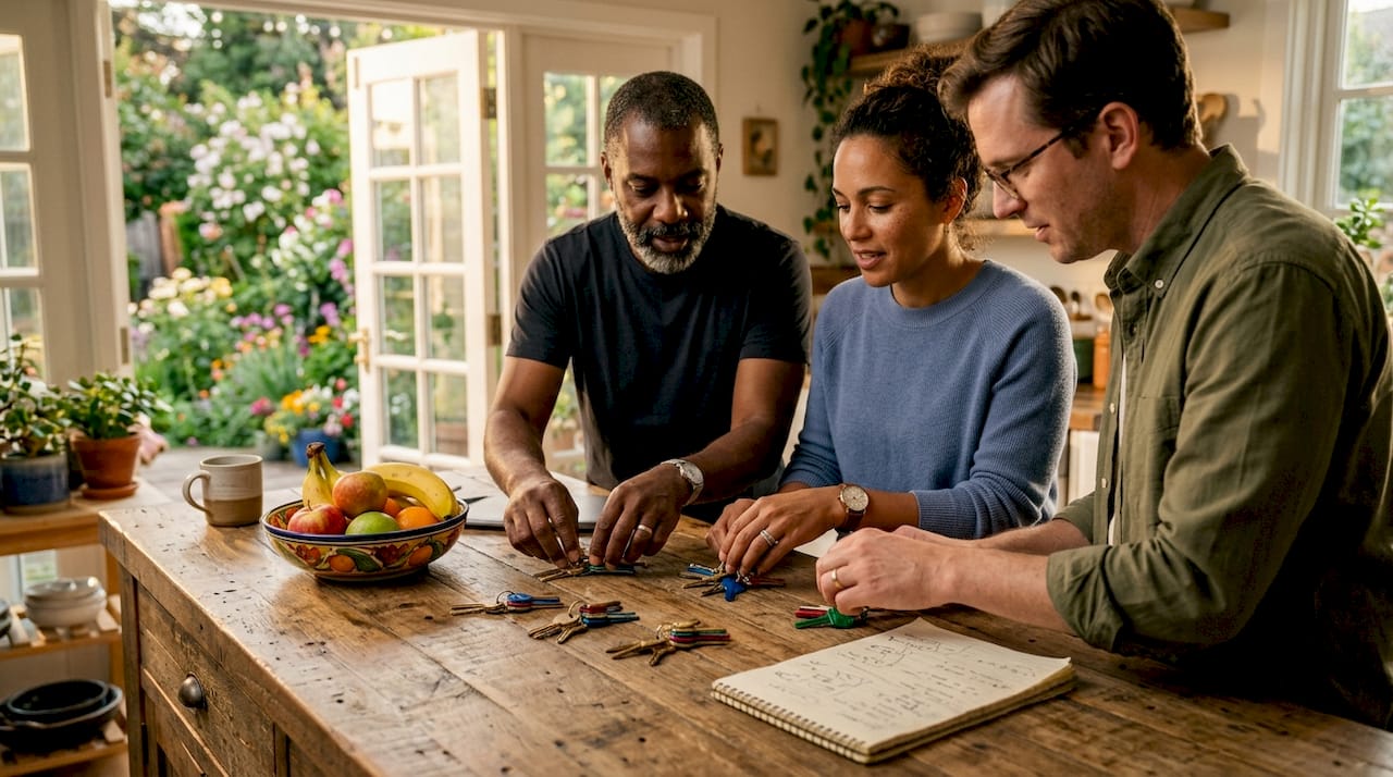 Multiple owners' hands placing house keys