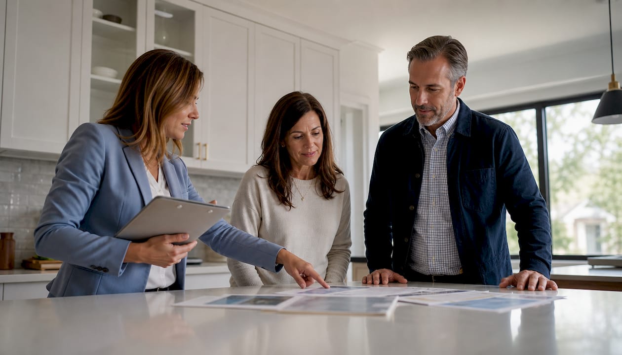 Real estate agent discussing home pricing with couple