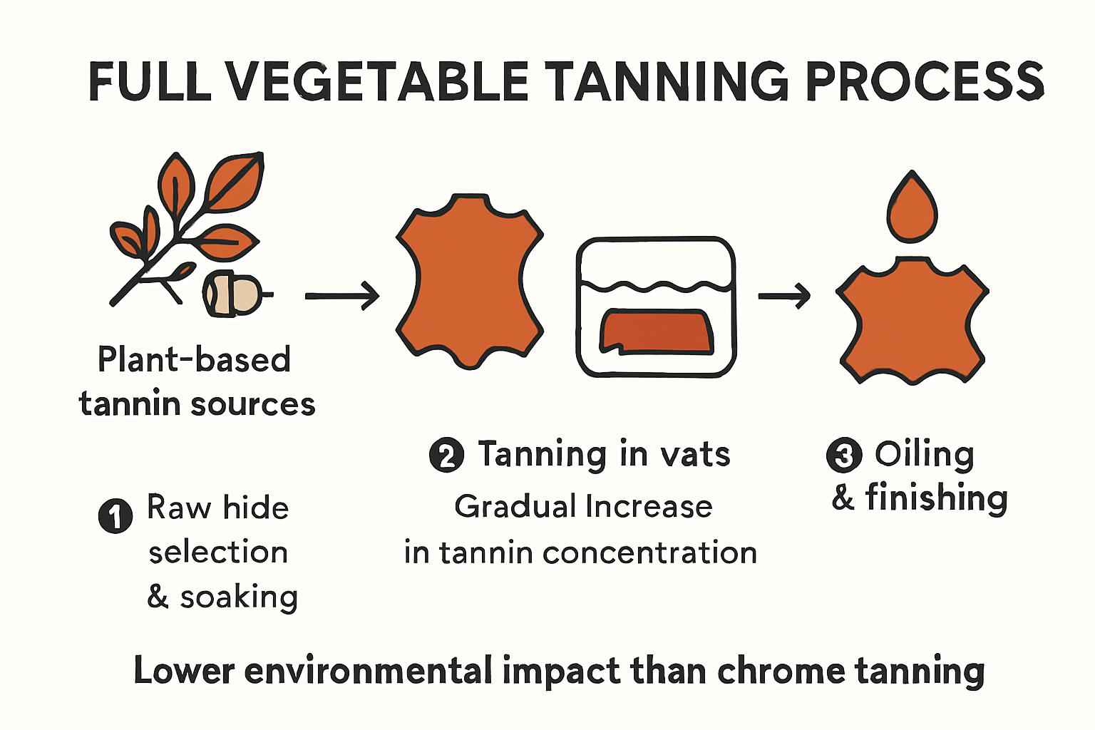 Infographic detailing vegetable tanning process steps and eco-benefits