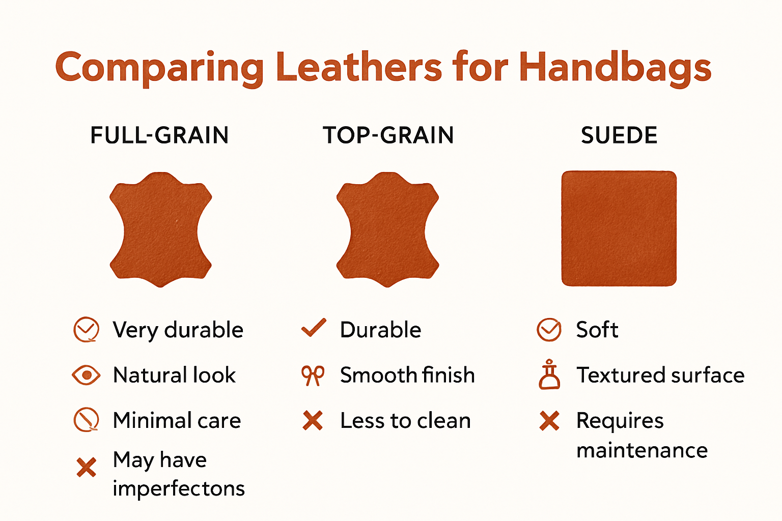 Comparative handbag leather types infographic