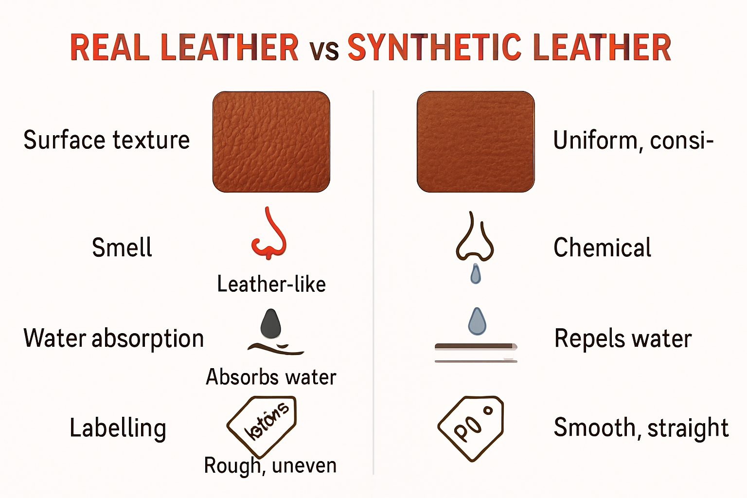 infographic comparing real and synthetic leather characteristics