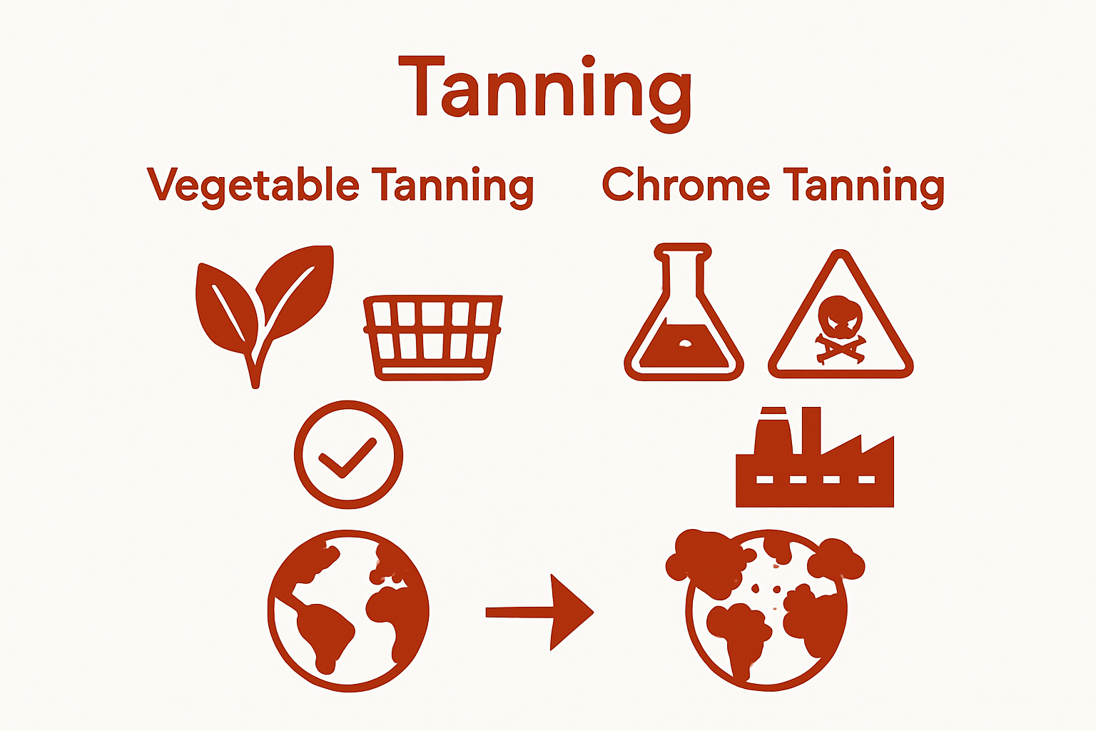 Comparison of vegetable tanning vs. chrome tanning with simple icons