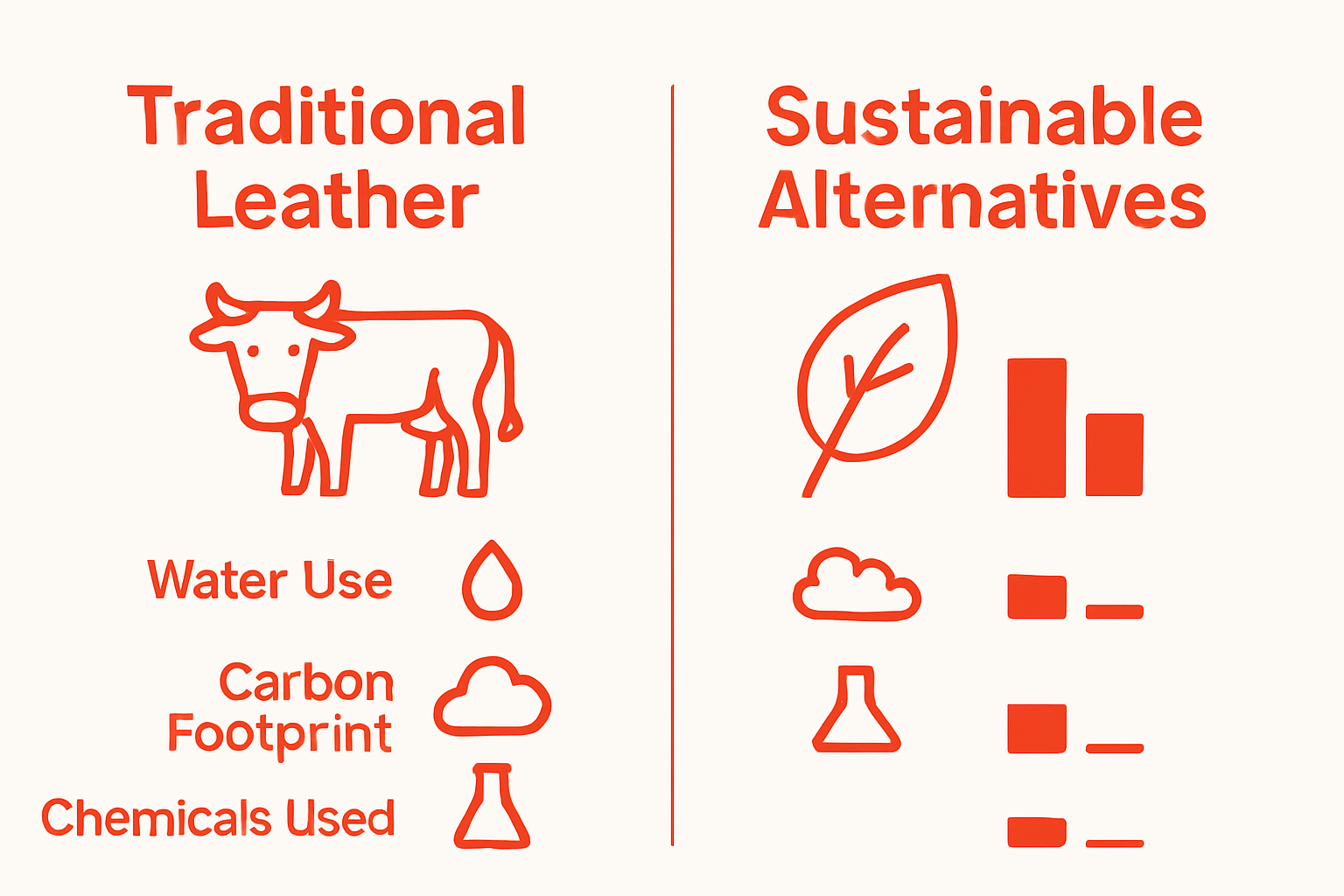 Infographic comparing water use and emissions of traditional vs sustainable leather