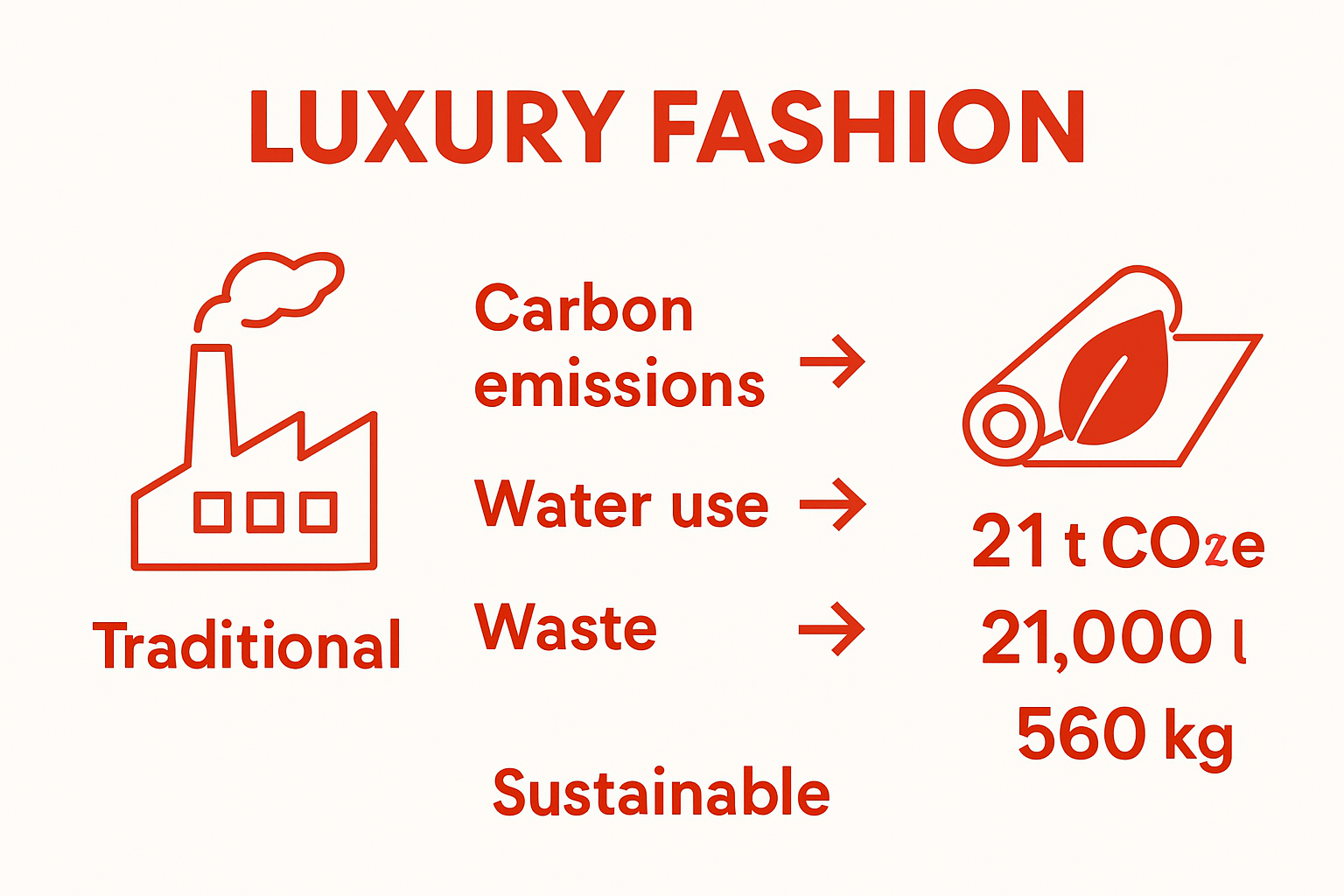 Infographic comparing environmental impact: traditional vs. sustainable luxury fashion