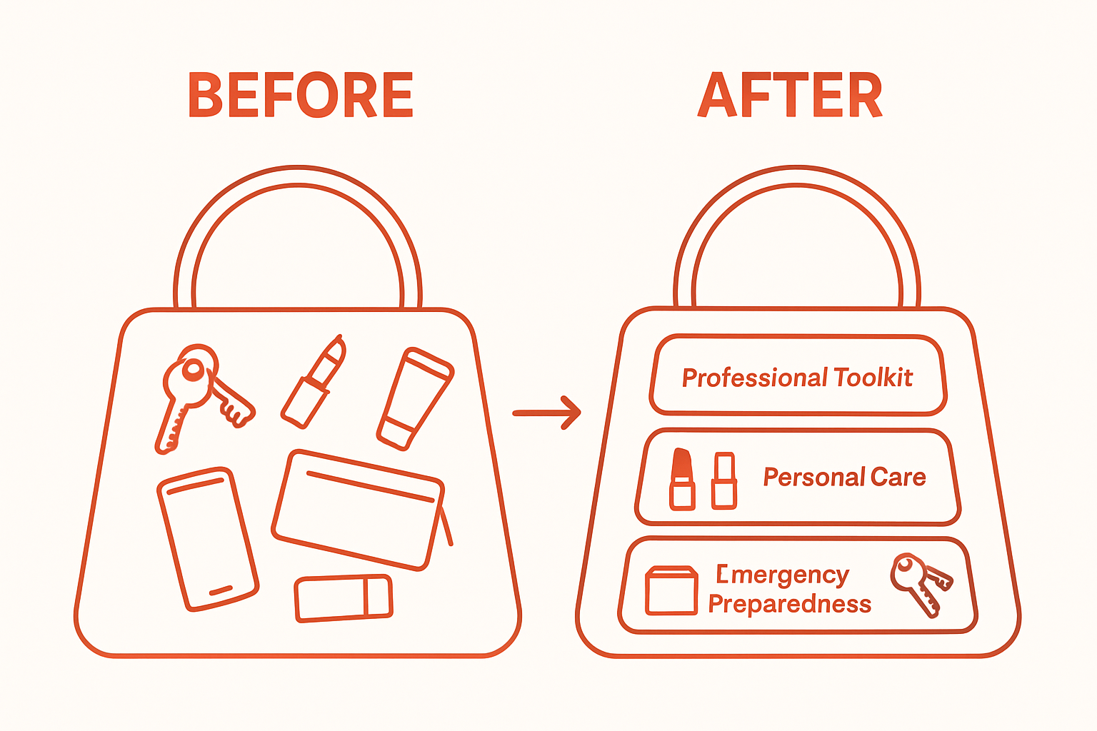 Before and after visual of a handbag; messy to neatly organized inside with labeled pouches.