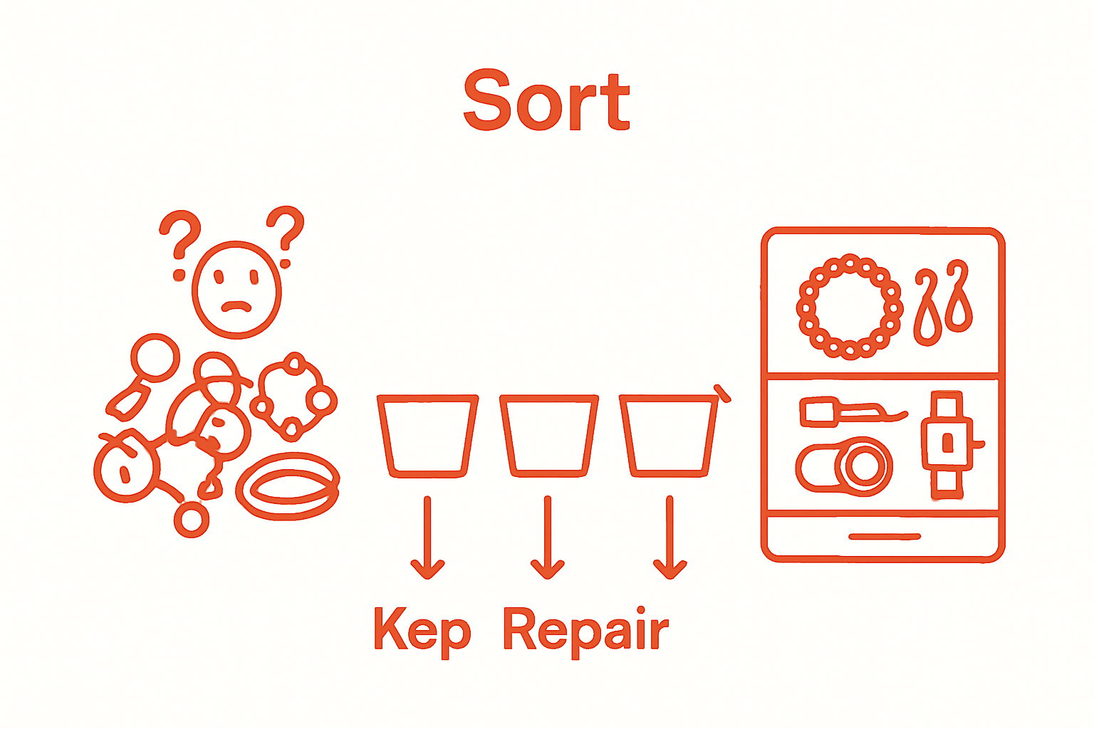 Three-step infographic showing accessory assessment and sorting