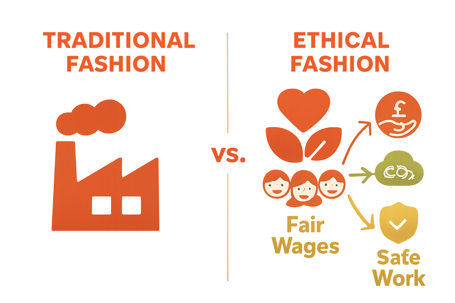 Infographic comparing traditional and ethical fashion using simple icons