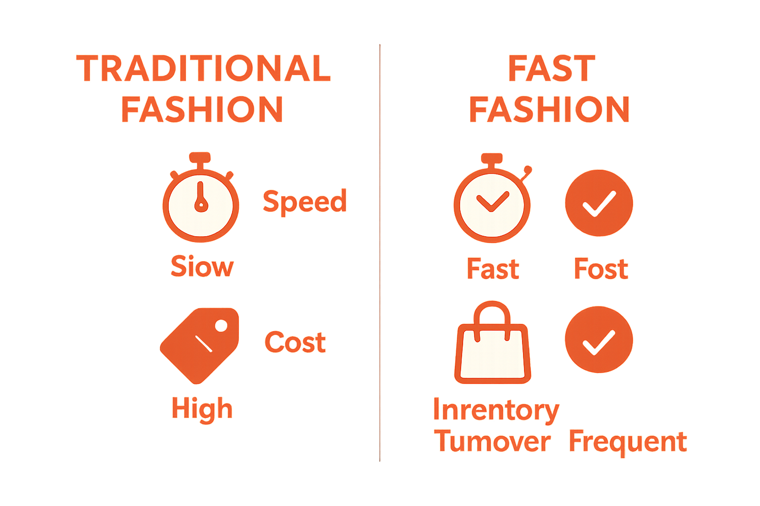 Infographic comparing traditional fashion and fast fashion on speed, cost, and inventory