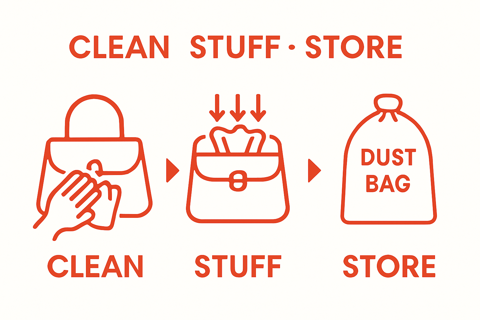 Visual steps for cleaning, stuffing, and storing a leather handbag