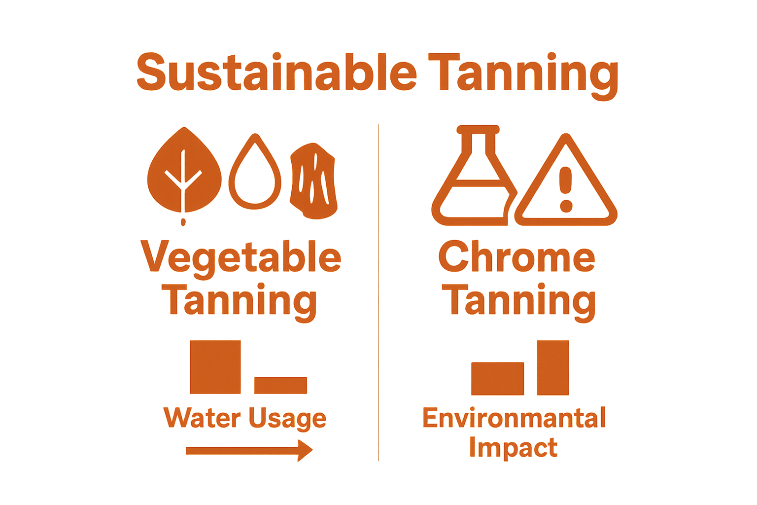 Infographic comparing vegetable and chrome tanning methods and environmental impact