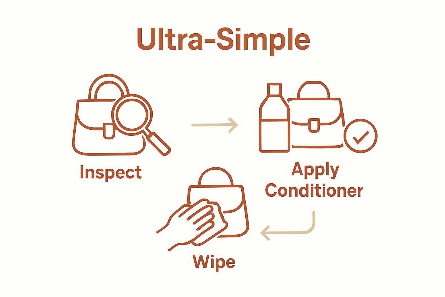 Infographic showing three-step purse cleaning process: inspect, clean, condition.