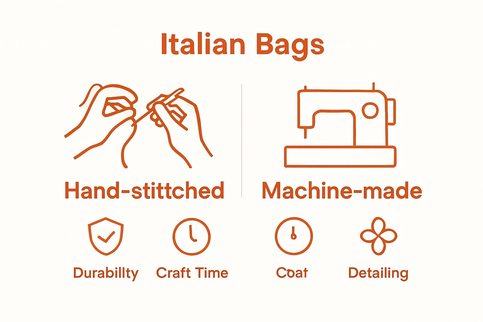 Hand-stitched vs. machine-made Italian bags, visual comparison