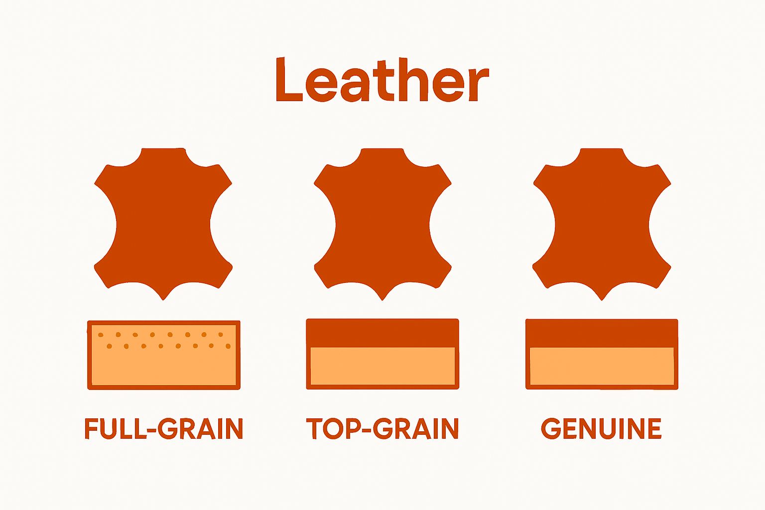 Infographic comparison of full-grain, top-grain, and genuine leather types