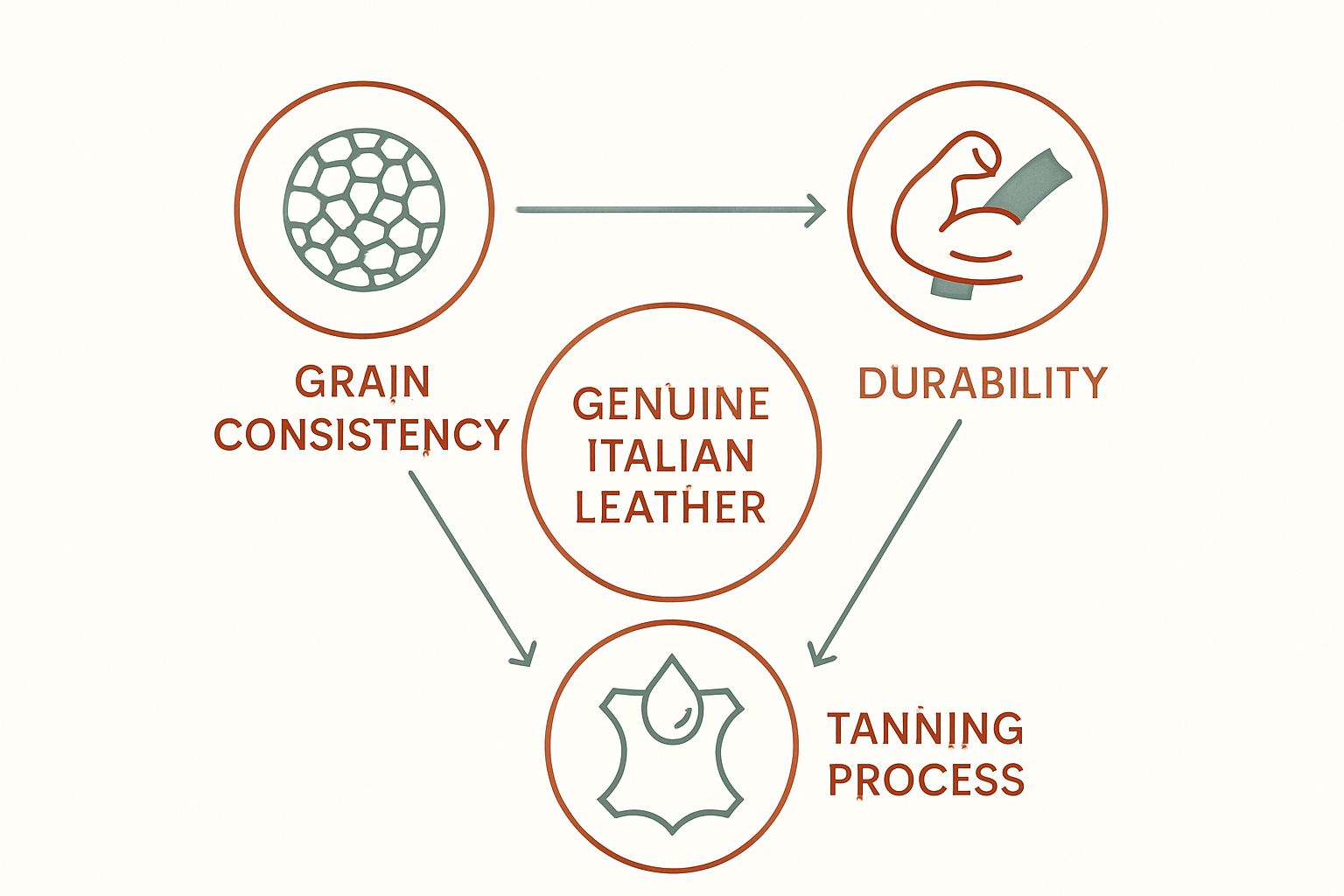 Three icons comparing Italian leather authenticity factors