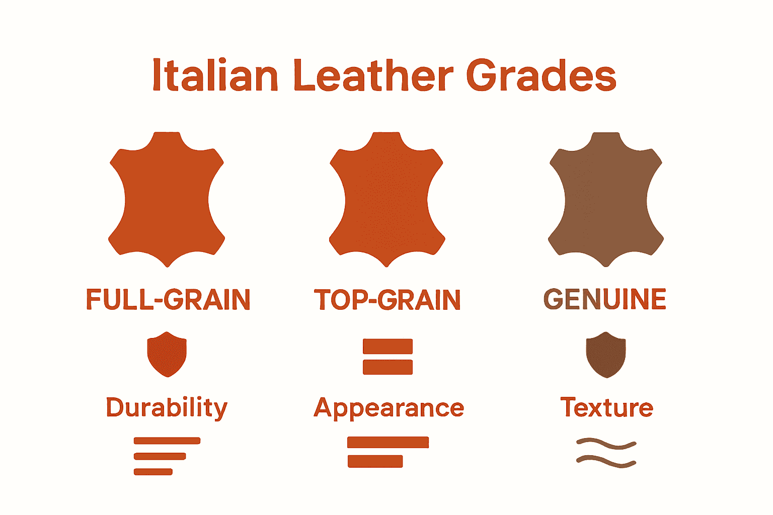 Infographic comparing full-grain, top-grain, and genuine Italian leather qualities.
