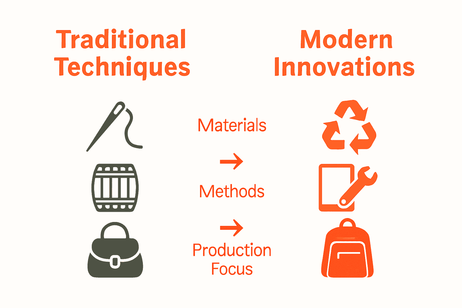 Infographic comparing traditional and modern Italian handbag making techniques.
