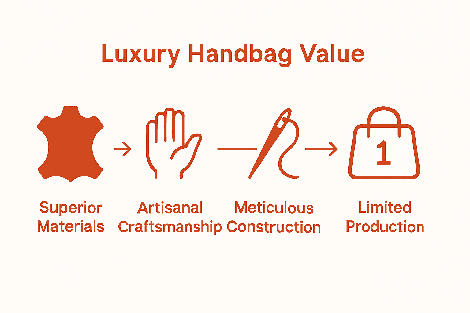 Infographic showing four pillars of true luxury handbags: materials, craftsmanship, construction, and exclusivity.