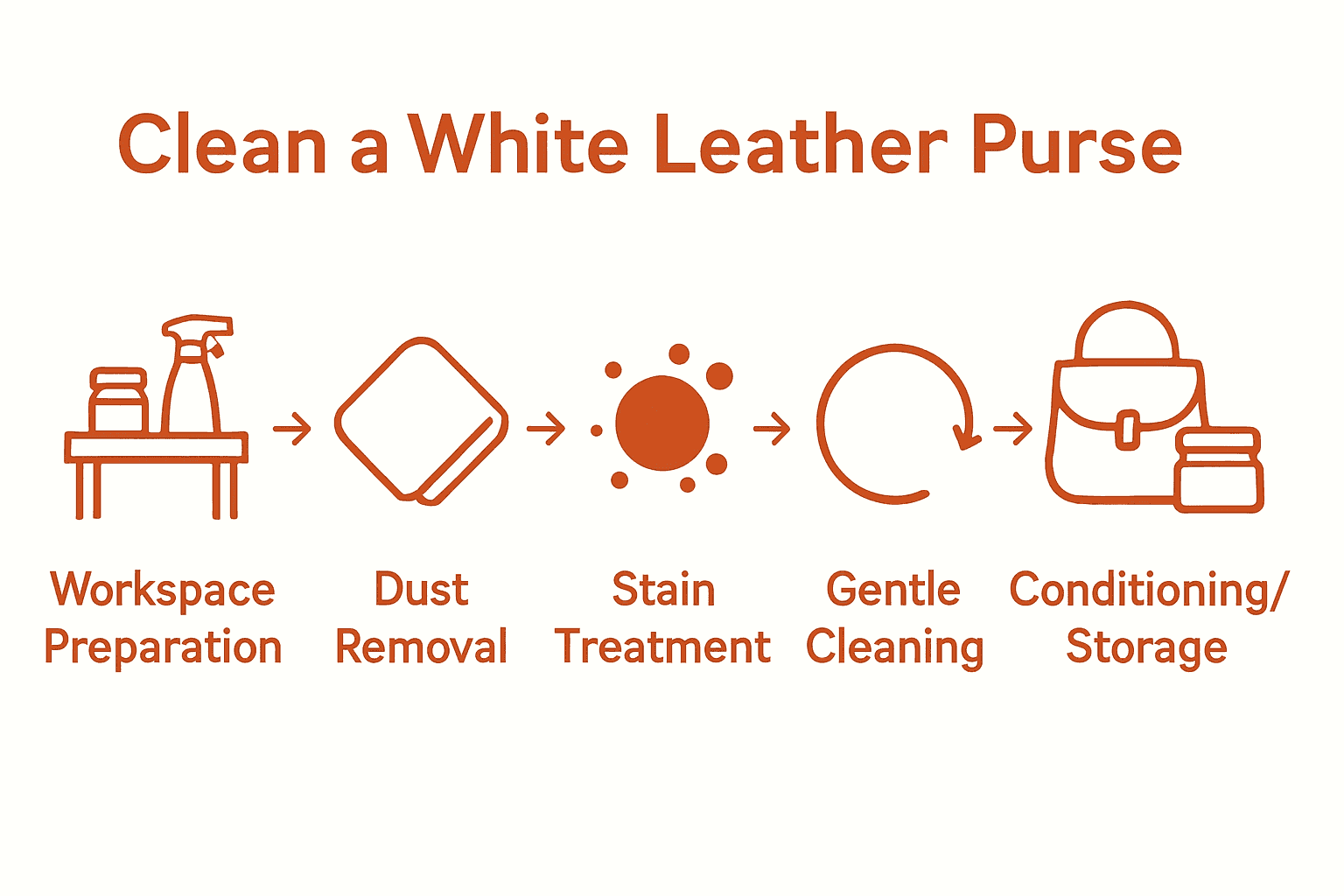 Infographic showing 5-step process for cleaning a white leather purse