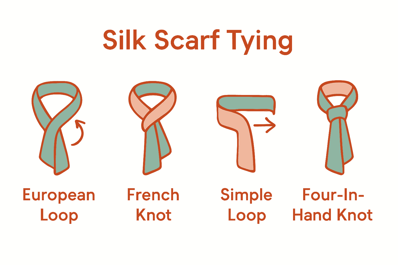 Infographic comparing four silk scarf tying styles with simple illustrations for each method.