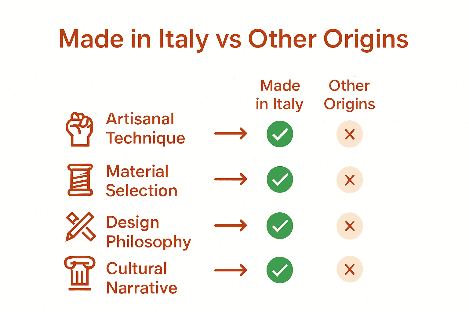 Infographic comparing Made in Italy and other manufacturing origins using icons and checkmarks.
